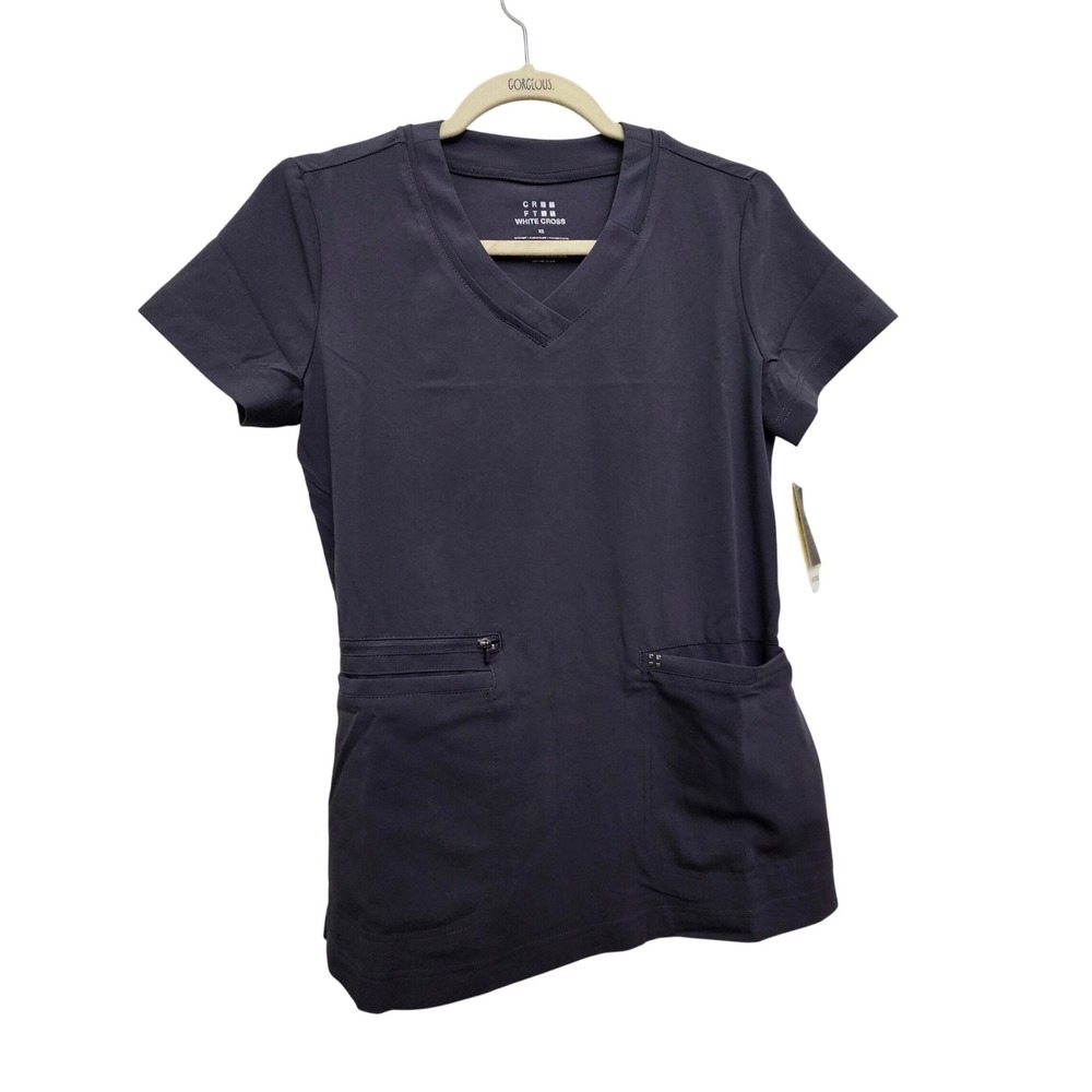 White Cross Scrub Top Womens XS Pewter Gray V-Neck CRFT Fluid Repellent Stretch